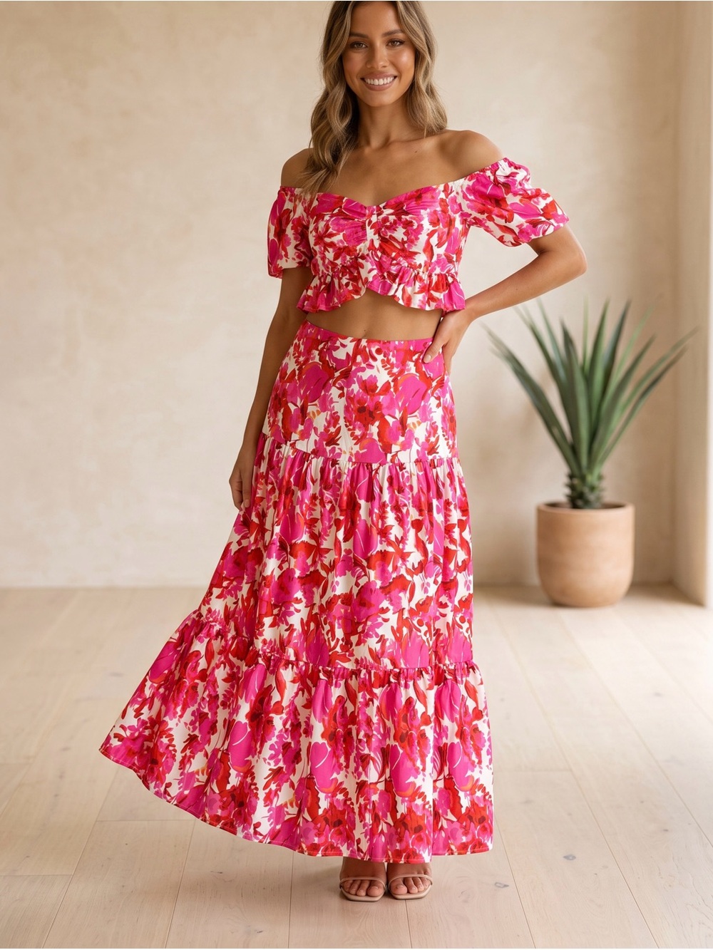 Bright Pink Floral Tiered Maxi Skirt — Summer Statement